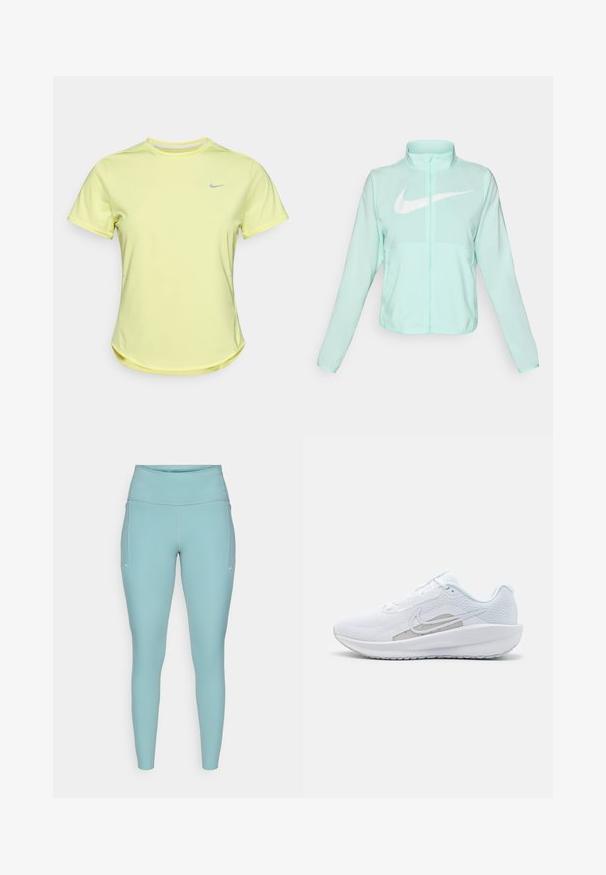 Mint zaļš Nike jaka ar augstu apkakli, pilnu rāvējslēdzēju, garām piedurknēm un izteiksmīgu balto swoosh logotipu uz krūtīm. Viegls audums.; Dzeltena sporta krekls ar īsām piedurknēm, izgatavots no mitrumu absorbējoša auduma. Tam ir noapaļots kakla izgriezums un neliels pelēks Nike logotips uz krūšu daļas.; Gaiši zili legingi, izgatavoti no elastīga materiāla, ar augstu jostasvietu, bezšuvju dizainu un minimālajiem baltajiem akcentiem sānos.; Baltas sporta apdedzinājums ar sietu augšdaļu, noapaļotu purngalu un teksturētu zoli. Tam ir sudraba Nike zvīņa un minimālisma dizains.