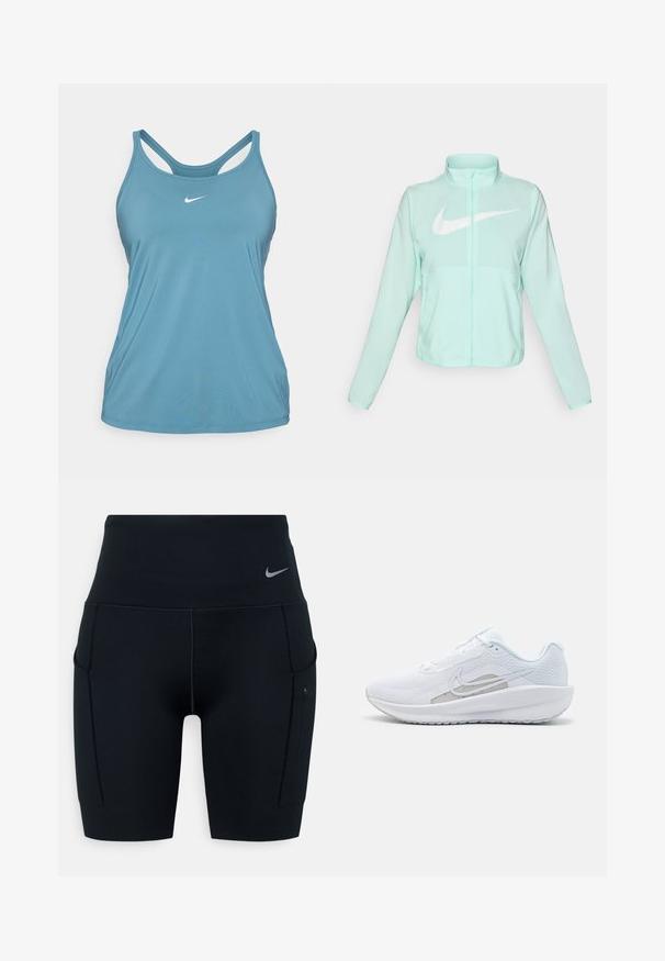 Mintgroene Nike-jas met een hoge kraag, volledige rits, lange mouwen en een opvallend wit swoosh-logo op de borst. Lichtgewicht stof.; Lichtblauw sporttanktop gemaakt van synthetisch materiaal, met een ronde hals en racerback ontwerp, voorzien van een klein wit logo op de borst.; Zwarte hoogsluitende sportshorts gemaakt van rekbaar materiaal; heeft zijzakken en een klein Nike-logo op de tailleband.; Witte sportieve schoen met een bovenwerk van mesh, ronde neus en een textuurzool. Beschikt over een zilveren Nike swoosh en een minimalistisch ontwerp.