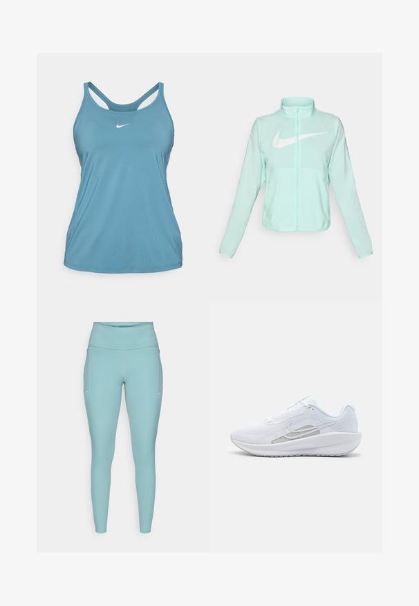 Jachetă Nike verde mentă cu un guler înalt, fermoar complet, mâneci lungi și un logo alb proeminent în formă de swoosh pe piept. Material ușor.; Cămașă sport bleu deschis, confecționată din material sintetic, cu guler rotund și design cu spatele gol, având un logo mic alb pe piept.; Leggings de culoare albastru deschis, realizate dintr-un material elastic, având o talie înaltă, un design fără cusături și accente albe minime pe lateral.; Pantof de atletism alb cu plasă superioară, vârf rotunjit și talpă texturată. Prezentă un logo Nike argintiu și un design minimalist.