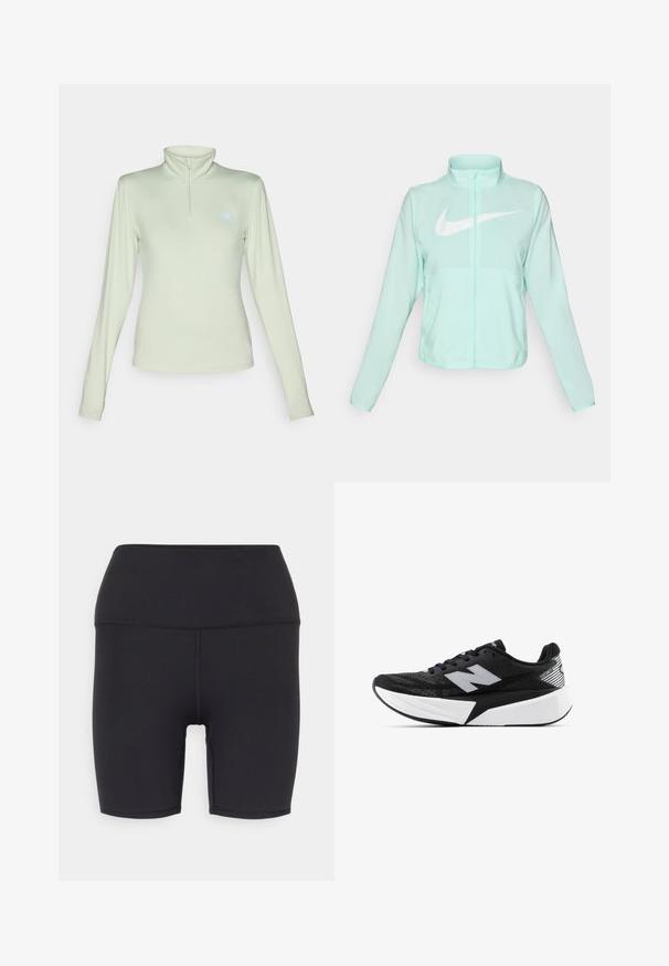 Mint zaļš Nike jaka ar augstu apkakli, pilnu rāvējslēdzēju, garām piedurknēm un izteiksmīgu balto swoosh logotipu uz krūtīm. Viegls audums.; New Balance SPORT ESSENTIALS SPACE DYE QUARTER ZIP - Tops ar garām piedurknēm - garter snake; Melni sporta šorti, izgatavoti no elastīga materiāla, ar augstu jostasvietu, gludu tekstūru un bez redzamām rakstām vai piederumiem.; Melnbalts New Balance skriešanas apavi ar biezu zoli, acs augšdaļu un "N" logotipu sānos, skatīts no ārējās puses.