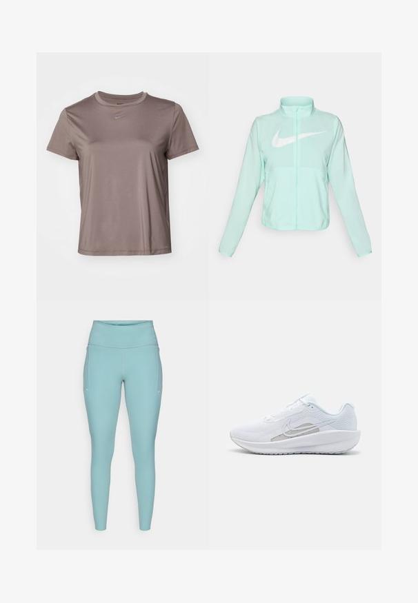 Mündroheline Nike jakk kõrge krae, täispikk tõmblukuga, pikkade varrukatega ja silmapaistva valge swoosh-logo kaeluse peal. Kerge kangas.; Hallikas sportlike T-särk, mis on valmistatud siledast, niiskust eemal hoidvast kangast. Omab ümmargust kaelust ja väikest musta Nike logo ees. Lühikesed varrukad, regulaarne lõige.; Heledad hallikas sininelegging, valmistatud venivast materjalist, millel on kõrge vöökoht, õmblusteta disain ja minimaalsed valged aktsendid külgedel.; Valge sportlik king, millel on võrgusilmast ülemine osa, ümar varvas ja tekstureeritud tallad. Omab hõbedast Nike logo ja minimalistikku disaini.