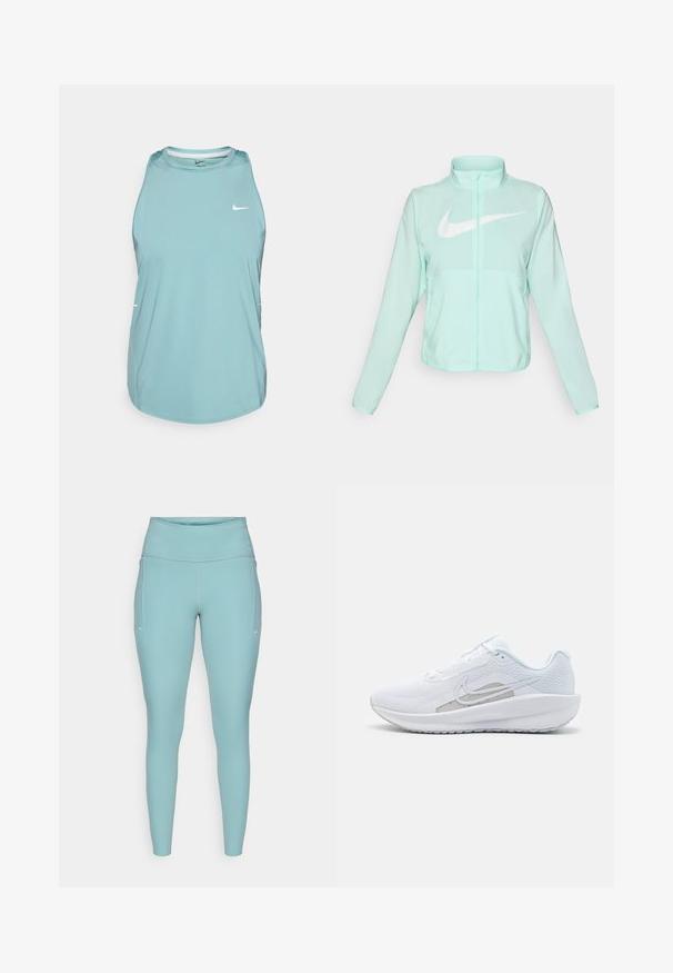 Mintgrønn Nike-jakke med høy krage, full glidelås, lange ermer og en fremtredende hvit swoosh-logo på brystet. Lettvektsmateriale.; Lys blå ermeløs treningstopp laget av glatt, syntetisk materiale. Har rund hals og en liten hvit logo på forsiden.; Lyseblå treningstights laget av elastisk materiale, med høy midje, sømløst design og minimale hvite detaljer på sidene.; Hvit sportssko med mesh-overdel, rund tå og teksturert såle. Har en sølvfarget Nike swoosh og et minimalistisk design.