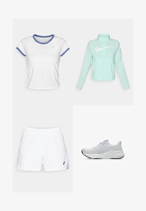 Chaqueta Nike de color verde menta con un alto cuello, cremallera completa, mangas largas y un prominente logo en forma de swoosh blanco en el pecho. Tejido ligero.; Camiseta blanca de manga corta con ribete azul, con un diseño ajustado y detalle fruncido en los laterales. Pequeño logo de la marca en el pecho.; Pantalones cortos deportivos blancos con cintura elástica, aberturas laterales y un pequeño logotipo negro en la parte inferior derecha. Fabricados con material ligero.; Zapatillas deportivas blancas con una parte superior de malla transpirable, acentos en azul claro, cierre con cordones, detalle de logotipo en negrita y suela texturizada para mayor agarre.