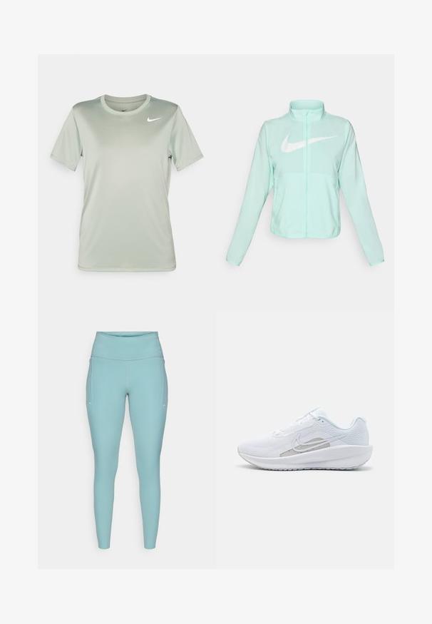 Mündroheline Nike jakk kõrge krae, täispikk tõmblukuga, pikkade varrukatega ja silmapaistva valge swoosh-logo kaeluse peal. Kerge kangas.; Kerge roheline lühikese varrukaga sporditee, mis on valmistatud siledast ja hingavast kangast, mille vasakul ülal servas on väike must Nike logo.; Heledad hallikas sininelegging, valmistatud venivast materjalist, millel on kõrge vöökoht, õmblusteta disain ja minimaalsed valged aktsendid külgedel.; Valge sportlik king, millel on võrgusilmast ülemine osa, ümar varvas ja tekstureeritud tallad. Omab hõbedast Nike logo ja minimalistikku disaini.