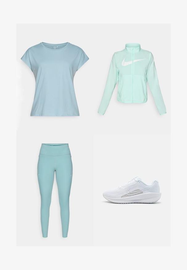 Miętowo-zielona kurtka Nike z wysokim kołnierzem, pełnym zamkiem błyskawicznym, długimi rękawami i wyraźnym białym logo swoosh na piersi. Lekki materiał.; Jasnoniebieska koszulka z krótkim rękawem, wykonana z miękkiego materiału. Posiada okrągły dekolt, luźny fason i podszyte brzegi. Bez wzorów ani ozdób.; Jasnoniebieskie legginsy wykonane z elastycznego materiału, z wysokim pasem, bezszwowym wzornictwem i minimalnymi białymi akcentami po bokach.; Białe sportowe buty z siateczkową cholewką, zaokrąglonym noskiem i teksturowaną podeszwą. Posiadają srebrny logo Nike i minimalistyczny design.