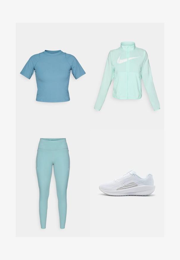 Mint zaļš Nike jaka ar augstu apkakli, pilnu rāvējslēdzēju, garām piedurknēm un izteiksmīgu balto swoosh logotipu uz krūtīm. Viegls audums.; Gaiši zils, īsām piedurknēm tops, izgatavots no ribota auduma. Iezīmē augstu apkakli un pieguļošu dizainu ar nedaudz īsāku garumu.; Gaiši zili legingi, izgatavoti no elastīga materiāla, ar augstu jostasvietu, bezšuvju dizainu un minimālajiem baltajiem akcentiem sānos.; Baltas sporta apdedzinājums ar sietu augšdaļu, noapaļotu purngalu un teksturētu zoli. Tam ir sudraba Nike zvīņa un minimālisma dizains.
