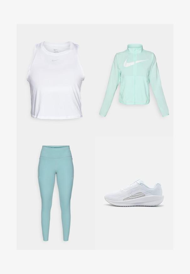 Mint green Nike jacket with a high collar, full zipper, long sleeves, and a prominent white swoosh logo on the chest. Lightweight fabric.; White sleeveless crop top made from smooth Dri-FIT fabric. Features a small grey Nike logo on the chest and a round neckline.; Light blue leggings made of stretchable material, featuring a high waistband, seamless design, and minimal white accents on the sides.; White athletic shoe with mesh upper, rounded toe, and textured sole. Features a silver Nike swoosh and minimalistic design.