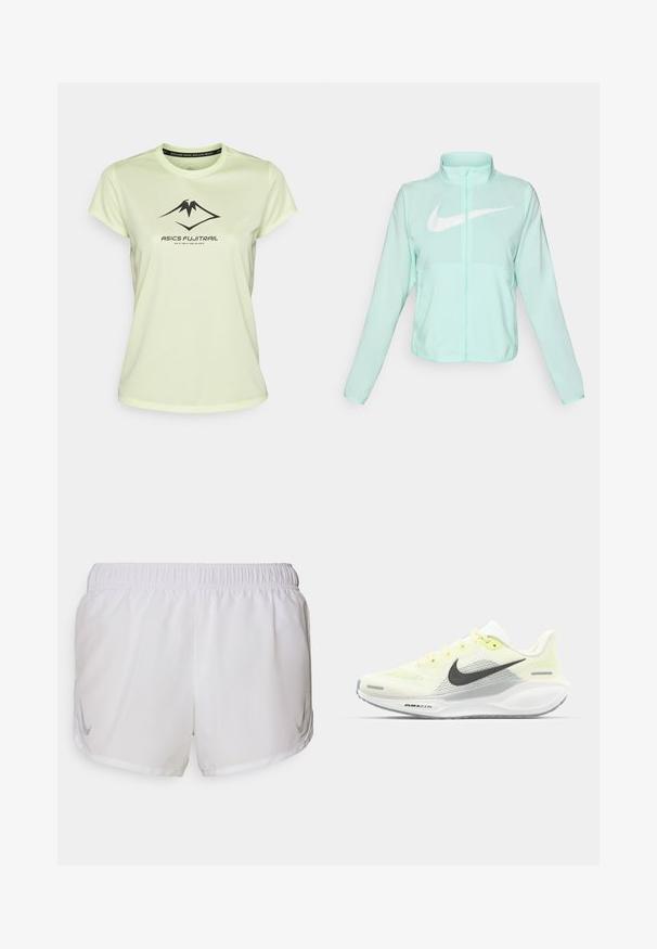 Minttu vihreä Nike-takki, jossa on korkea kaulus, täysi vetoketju, pitkät hihat ja suuri valkoinen swoosh-logo rinnassa. Kevyt kangas.; ASICS FUJITRAIL LOGO TOP - Printtipaita - cool matcha; Nike Performance FAST TEMPO SHORT - Urheilushortsit - white/silver; Nike juoksukengät, joissa on vaaleankeltainen ja valkoinen verkko-osa, harmaita yksityiskohtia ja joustava kumipohja. Varusteet nauhakiinnityksellä.