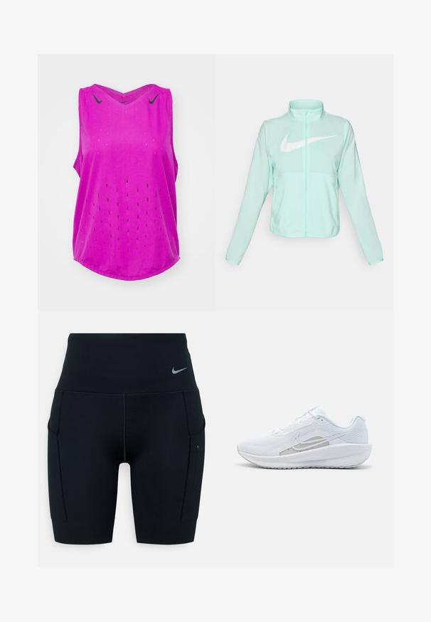 Chaqueta Nike de color verde menta con un alto cuello, cremallera completa, mangas largas y un prominente logo en forma de swoosh blanco en el pecho. Tejido ligero.; Nike Performance AEROSWIFT SINGLET - Top - hot fuchsia/black; Shorts deportivos negros de talle alto hechos de material elástico; cuentan con bolsillos laterales y un pequeño logotipo de Nike en la cinturilla.; Zapatilla deportiva blanca con parte superior de malla, punta redondeada y suela texturizada. Presenta un swoosh de Nike plateado y un diseño minimalista.