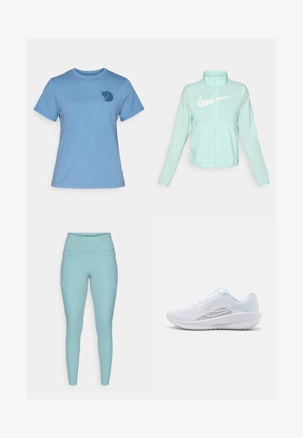 Mätovozelená Nike bunda s vysokým golierom, plným zipsom, dlhými rukávmi a výrazným bielym logom swoosh na hrudi. Ľahký materiál.; Modrá bavlnená tričko s krátkymi rukávmi a okrúhlym výstrihom, s tmavomodrou stilizovanou mačacou logom na ľavej strane hrudníka. Klasický strih.; Svetlomodré legíny vyrobené z elastického materiálu, s vysokým pásom, bezšvovým dizajnom a minimálnymi bielymi akcentmi po stranách.; Biele atletické topánky s priedušným zvrškom, okrúhlym prstom a štruktúrovanou podrážkou. Obsahuje strieborný Nike swoosh a minimalistický dizajn.