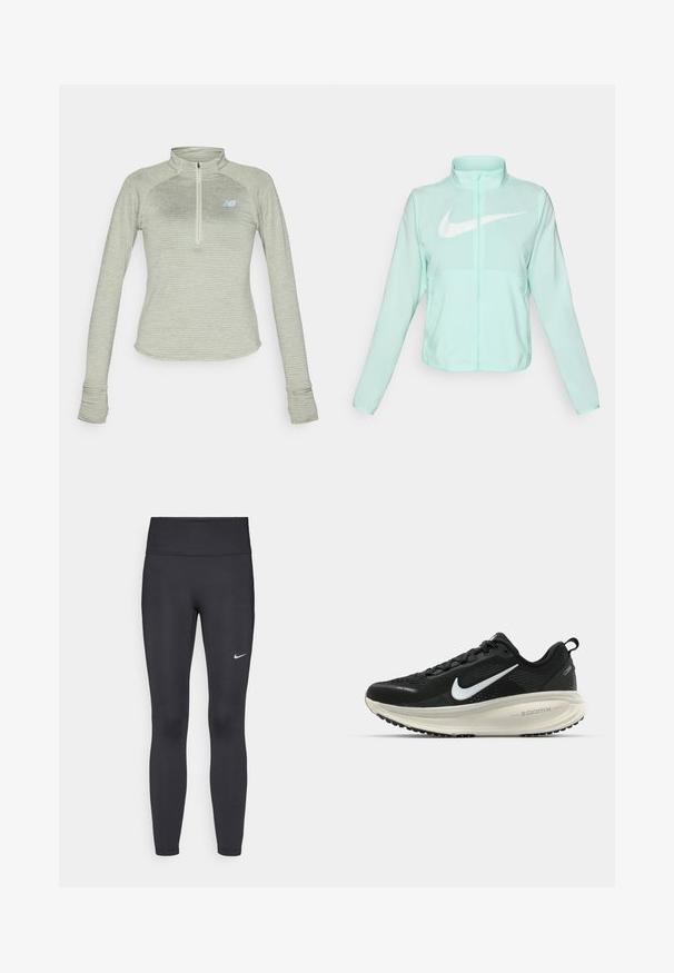 Miętowo-zielona kurtka Nike z wysokim kołnierzem, pełnym zamkiem błyskawicznym, długimi rękawami i wyraźnym białym logo swoosh na piersi. Lekki materiał.; New Balance ATHLETICS HEAT zielony; Czarne legginsy z elastycznego materiału, z wysokim pasem i białym logo Nike na lewym udzie. Gładka tekstura, dopasowany krój.; Czarna biegowa półbut z oddychającej siateczki, białym logo swoosh, teksturowanymi detalami oraz kremową podeszwą środkową ZoomX.