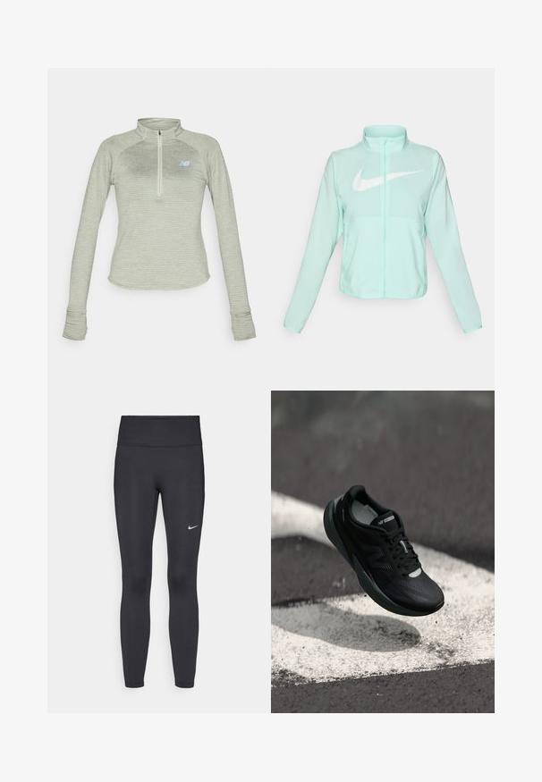 Mündroheline Nike jakk kõrge krae, täispikk tõmblukuga, pikkade varrukatega ja silmapaistva valge swoosh-logo kaeluse peal. Kerge kangas.; New Balance ATHLETICS GRID 1/2 ZIP - Pikkade varrukatega topp - garter snake heather; Mustad mustadest leggingid, mis on valmistatud venivast kangast, kõrge vöökoha ja valge Nike logo abil vasakul reiel. Sile tekstuur, keha järgiv disain.; Mustmustööd mustad jooksujalatsid tekstureeritud pealsed, sujuv disain ja helendavad aktsendid. Omab pehmet, polsterdatud tallat, mis tagab mugavuse.