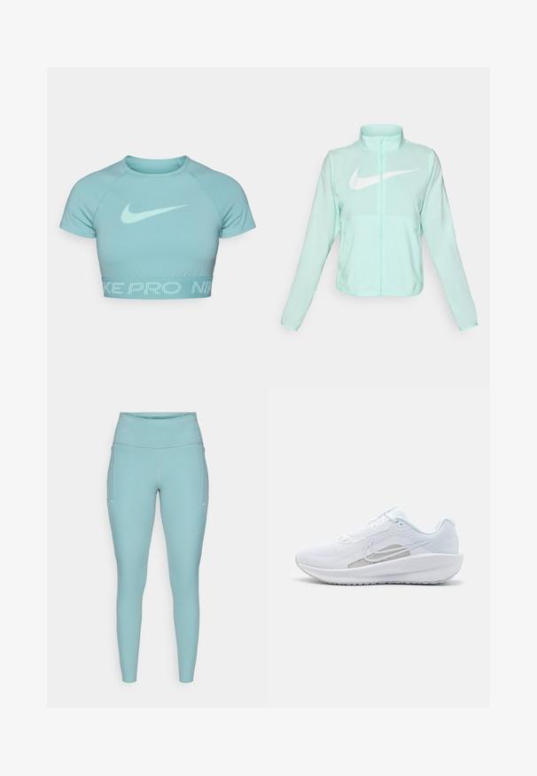 Mentazöld Nike dzseki magas gallérral, teljes cipzárral, hosszú ujjakra és egy kiemelkedő fehér swoosh logóra a mellkason. Könnyű szövet.; Világoskék, rövid fazonú sportmellény sima anyagból, kerek nyakkivágással, rövid ujjakkal, és a tónusos Nike logóval elől.; Világoskék leggings rugalmas anyagból, magas derékkal, varrás nélküli kivitelben, minimális fehér díszítéssel az oldalán.; Fehér sportcipő hálós felsőrésze, kerek orra és textúrált talpa van. Ezüst Nike logóval és minimalista dizájnnal rendelkezik.