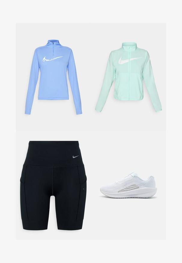 Mint zaļš Nike jaka ar augstu apkakli, pilnu rāvējslēdzēju, garām piedurknēm un izteiksmīgu balto swoosh logotipu uz krūtīm. Viegls audums.; Nike Performance Tops ar garām piedurknēm - royal pulse/vintage green; Melni augsto vidukļa sporta šorti, izgatavoti no elastīga materiāla; satur sānu kabatas un mazu Nike logo uz jostas.; Baltas sporta apdedzinājums ar sietu augšdaļu, noapaļotu purngalu un teksturētu zoli. Tam ir sudraba Nike zvīņa un minimālisma dizains.