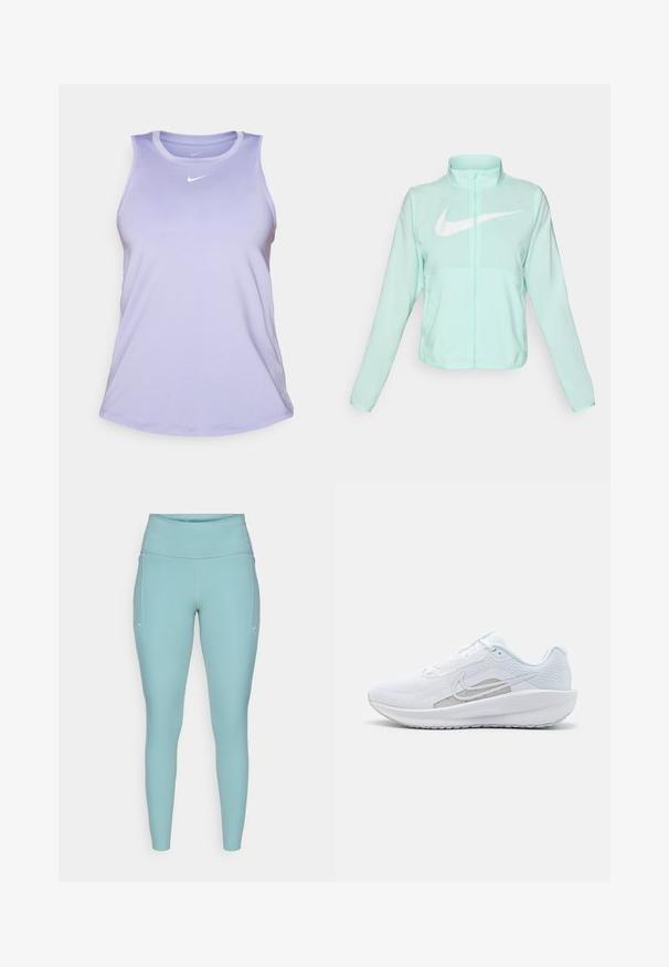 Jaka mint zelene barve Nike z visokim ovratnikom, polnim zadrgo, dolgimi rokavi in izrazitim belim logotipom swoosh na prsih. Lahka tkanina.; Svetlo purpurna Nike majica s tank top krojem, okruglim izrezom, bez rukava i malim belim logotipom na gornjem delu grudi. Glatka, tkanina koja upija vlagu.; Svetlo modre leginge iz raztegljivega materiala, ki imajo visok pas, brezšivno zasnovo in minimalne bele poudarke na straneh.; Bela športna čevlja z mrežastim zgornjim delom, zaobljenim nosom in teksturiranim podplatom. Ima srebrni Nike znak in minimalističen dizajn.