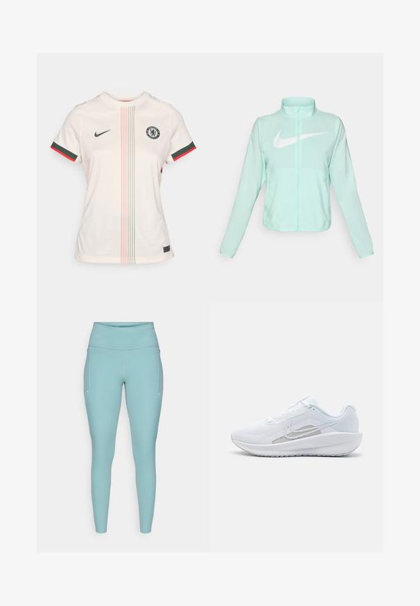Mintgrøn Nike-jakke med høj krave, fuld lynlås, lange ærmer og et fremtrædende hvidt swoosh-logo på brystet. Letvægtsstof.; Lys creme fodboldtrøje med rund hals, korte ærmer, Chelsea FC logo, grønne og røde accentstriber samt vertikale mønsterdetaljer.; Lyseblå leggings lavet af strækbart materiale, med en høj talje, sømløst design og minimale hvide detaljer på siderne.; Hvid træningssko med mesh-overdel, rund tå og tekstureret sål. Har et sølvfarvet Nike-swoosh og et minimalistisk design.