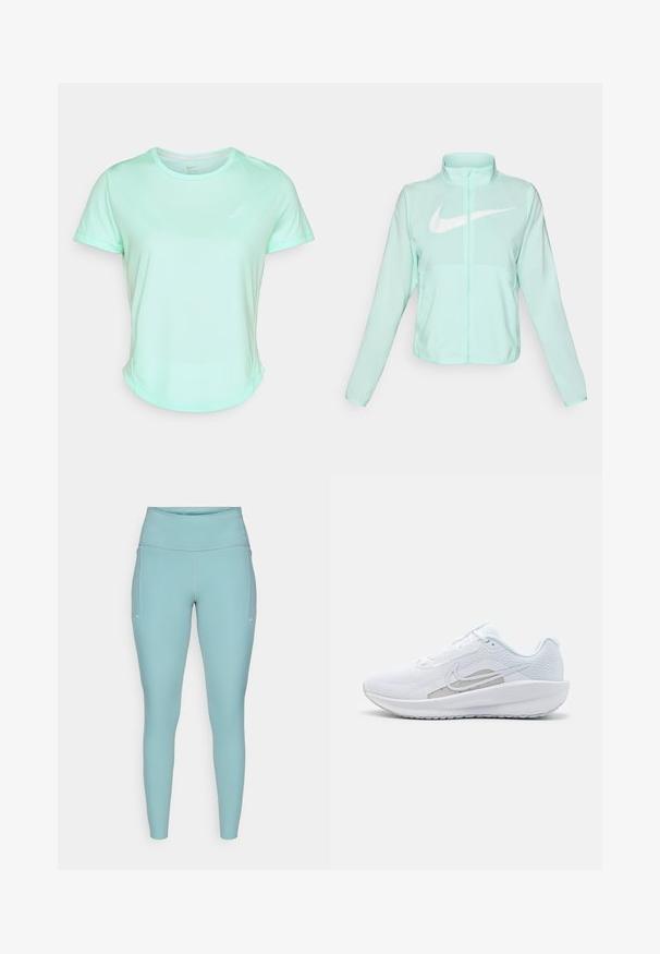 Mätovozelená Nike bunda s vysokým golierom, plným zipsom, dlhými rukávmi a výrazným bielym logom swoosh na hrudi. Ľahký materiál.; Svetlo mentolový krátky rukáv tričko vyrobené z mäkkej, vlhkosť odvádzajúcej tkaniny. Obsahuje decentné biele logo Nike na hrudi a zaoblený lem.; Svetlomodré legíny vyrobené z elastického materiálu, s vysokým pásom, bezšvovým dizajnom a minimálnymi bielymi akcentmi po stranách.; Biele atletické topánky s priedušným zvrškom, okrúhlym prstom a štruktúrovanou podrážkou. Obsahuje strieborný Nike swoosh a minimalistický dizajn.