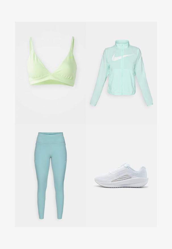 Mintgroene Nike-jas met een hoge kraag, volledige rits, lange mouwen en een opvallend wit swoosh-logo op de borst. Lichtgewicht stof.; Lichtgroene driehoekige bralette met verstelbare banden, gladde stof, geplooide details aan de onderkant en een klein logo aan de linkerkant.; Lichtblauwe leggings gemaakt van rekbaar materiaal, met een hoge tailleband, een naadloos ontwerp en minimale witte accenten aan de zijkanten.; Witte sportieve schoen met een bovenwerk van mesh, ronde neus en een textuurzool. Beschikt over een zilveren Nike swoosh en een minimalistisch ontwerp.