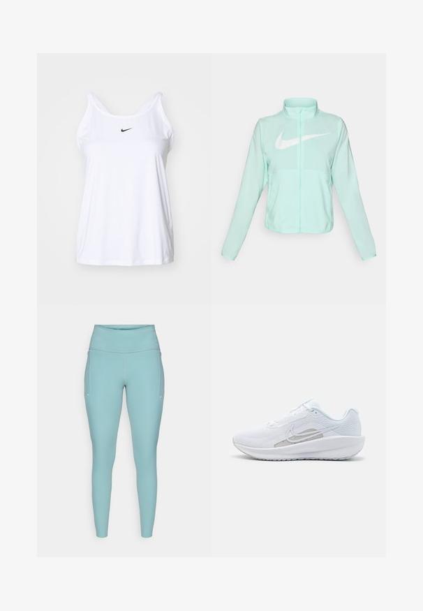 Mintgrønn Nike-jakke med høy krage, full glidelås, lange ermer og en fremtredende hvit swoosh-logo på brystet. Lettvektsmateriale.; Hvit ermeløs treningstopp laget av lett materiale. Har en rund halslinning og en liten svart Nike-logo på fronten.; Lyseblå treningstights laget av elastisk materiale, med høy midje, sømløst design og minimale hvite detaljer på sidene.; Hvit sportssko med mesh-overdel, rund tå og teksturert såle. Har en sølvfarget Nike swoosh og et minimalistisk design.