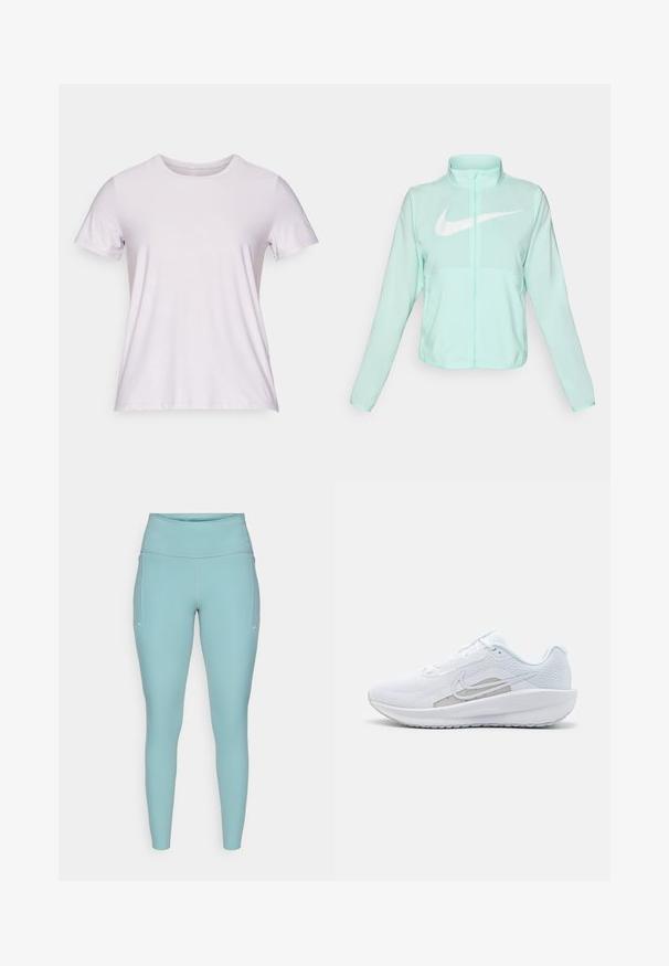 Veste Nike vert menthe avec un col haut, fermeture éclair complète, manches longues et un logo swoosh blanc bien visible sur la poitrine. Tissu léger.; T-shirt à manches courtes et col rond en tissu violet clair, à la texture douce et aux coutures minimales, idéal pour un style décontracté.; Leggings bleu clair en matière extensible, dotés d'une taille haute, d'un design sans couture et de légères accents blancs sur les côtés.; Baskets blanches avec une tige en mesh, bout rond et semelle texturée. Présentent un swoosh Nike argenté et un design minimaliste.