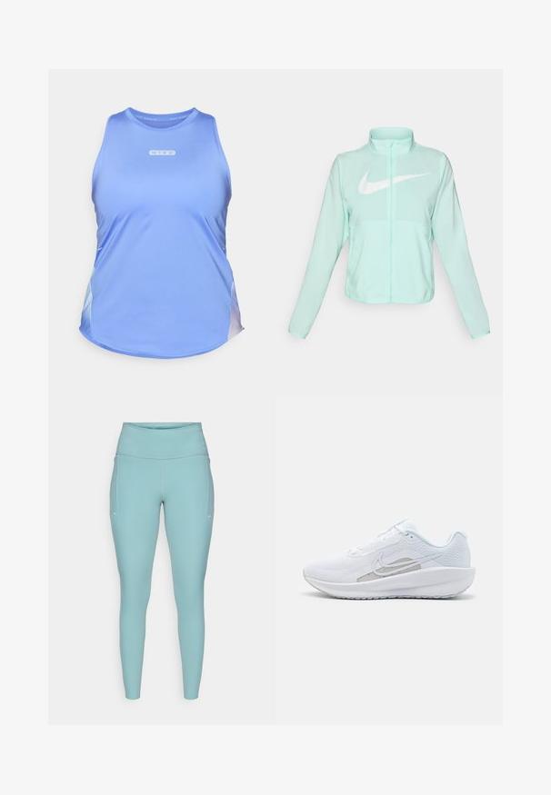 Jaka mint zelene barve Nike z visokim ovratnikom, polnim zadrgo, dolgimi rokavi in izrazitim belim logotipom swoosh na prsih. Lahka tkanina.; Nike teka za tek v svetlo modri tkanini. Ima okroglo ovratnico, brezrokavni dizajn in subtilne gradientne poudarke ob robu.; Svetlo modre leginge iz raztegljivega materiala, ki imajo visok pas, brezšivno zasnovo in minimalne bele poudarke na straneh.; Bela športna čevlja z mrežastim zgornjim delom, zaobljenim nosom in teksturiranim podplatom. Ima srebrni Nike znak in minimalističen dizajn.