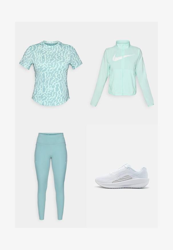 Mündroheline Nike jakk kõrge krae, täispikk tõmblukuga, pikkade varrukatega ja silmapaistva valge swoosh-logo kaeluse peal. Kerge kangas.; Hele sinine lühikeste varrukatega T-särk, millel on mitme tooni mustriga disain. Ümar kaelus, pehme tekstuur ja mugav lõige.; Heledad hallikas sininelegging, valmistatud venivast materjalist, millel on kõrge vöökoht, õmblusteta disain ja minimaalsed valged aktsendid külgedel.; Valge sportlik king, millel on võrgusilmast ülemine osa, ümar varvas ja tekstureeritud tallad. Omab hõbedast Nike logo ja minimalistikku disaini.
