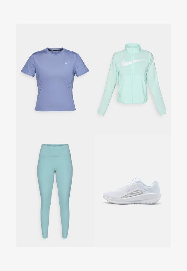 Mentazöld Nike dzseki magas gallérral, teljes cipzárral, hosszú ujjakra és egy kiemelkedő fehér swoosh logóra a mellkason. Könnyű szövet.; Rövid ujjú sportpóló világoslila anyagból, kerek nyakkivágással és egy kis fehér Nike logóval a bal mellrészen.; Világoskék leggings rugalmas anyagból, magas derékkal, varrás nélküli kivitelben, minimális fehér díszítéssel az oldalán.; Fehér sportcipő hálós felsőrésze, kerek orra és textúrált talpa van. Ezüst Nike logóval és minimalista dizájnnal rendelkezik.