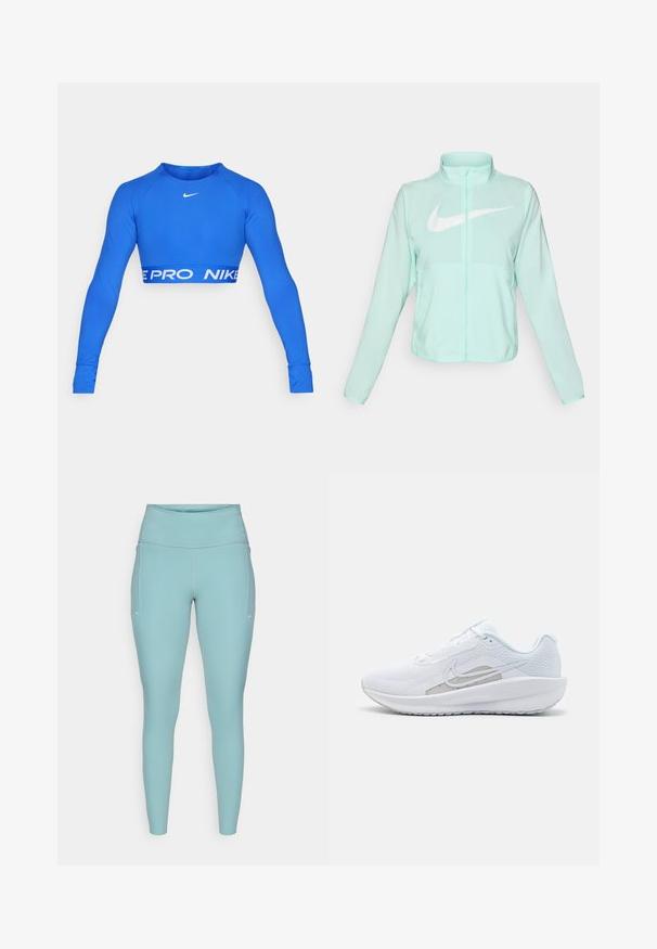 Mentazöld Nike dzseki magas gallérral, teljes cipzárral, hosszú ujjakra és egy kiemelkedő fehér swoosh logóra a mellkason. Könnyű szövet.; Kék, hosszú ujjú crop top, rugalmas anyagból készült. Fehér Nike logó található a mellkason, valamint feltűnő "NIKE PRO" csík a szegélyén. Testhez simuló fazon.; Világoskék leggings rugalmas anyagból, magas derékkal, varrás nélküli kivitelben, minimális fehér díszítéssel az oldalán.; Fehér sportcipő hálós felsőrésze, kerek orra és textúrált talpa van. Ezüst Nike logóval és minimalista dizájnnal rendelkezik.