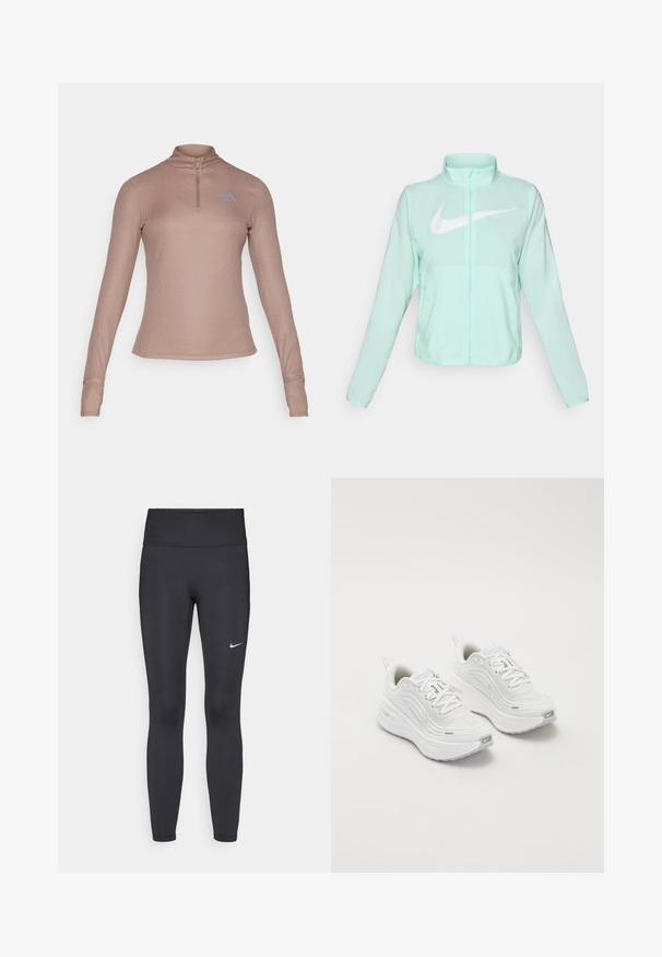 Mintgrønn Nike-jakke med høy krage, full glidelås, lange ermer og en fremtredende hvit swoosh-logo på brystet. Lettvektsmateriale.; Langermet topp med glidelås i lys brun ribbestrikket stoff med en subtil blå logo på brystet; tettsittende design med hull for tomlene ved mansjettene.; Sorte leggings laget av elastisk stoff, med høy livlinje og en hvit Nike-logo på venstre lår. Glatt tekstur, kroppsnær passform.; Hvite joggesko med et teksturert mesh-overdel, polstret såle og subtile grå aksenter. Inkluderer merkevare og løkke på hælen for enkel påkledning.