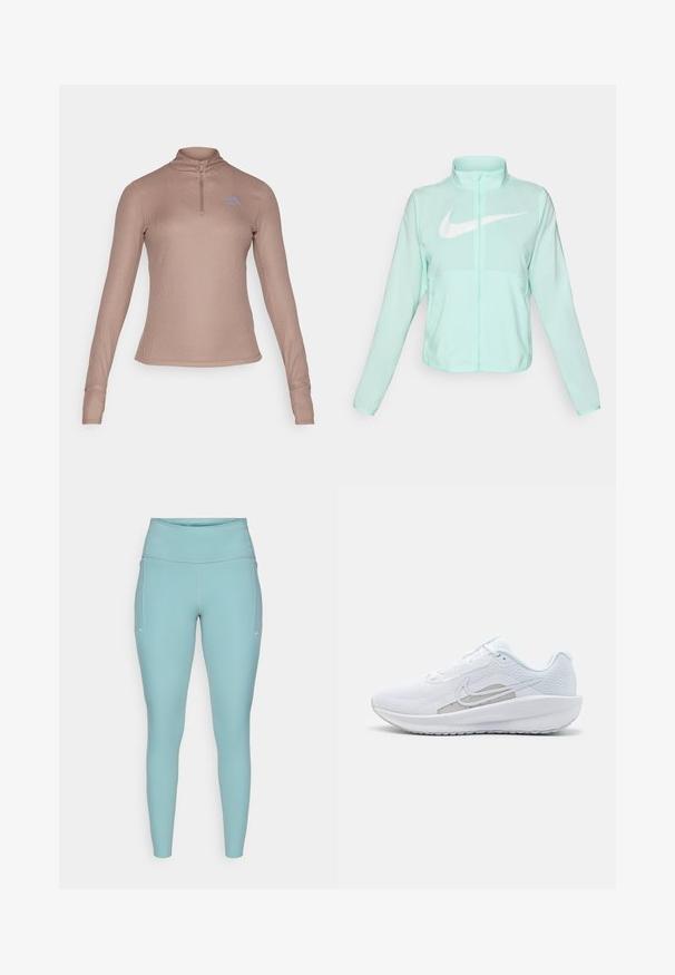 Chaqueta Nike de color verde menta con un alto cuello, cremallera completa, mangas largas y un prominente logo en forma de swoosh blanco en el pecho. Tejido ligero.; Camiseta de manga larga con cremallera en el cuello, de tela acanalada en marrón claro, con un sutil logo azul en el pecho; diseño ajustado con agujeros para los pulgares en los puños.; Leggings de color azul claro, hechos de material elástico, con una cintura alta, diseño sin costuras y acentos blancos mínimos a los lados.; Zapatilla deportiva blanca con parte superior de malla, punta redondeada y suela texturizada. Presenta un swoosh de Nike plateado y un diseño minimalista.