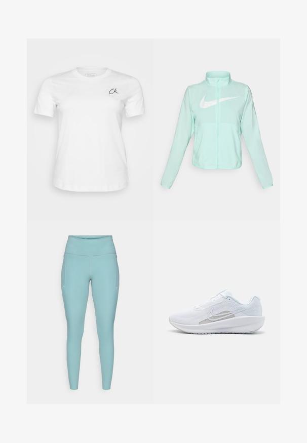 Mint green Nike jacket with a high collar, full zipper, long sleeves, and a prominent white swoosh logo on the chest. Lightweight fabric.; White cotton t-shirt with a crew neckline and short sleeves. Features a small black "CK" logo on the left chest. Smooth texture, classic fit.; Light blue leggings made of stretchable material, featuring a high waistband, seamless design, and minimal white accents on the sides.; White athletic shoe with mesh upper, rounded toe, and textured sole. Features a silver Nike swoosh and minimalistic design.