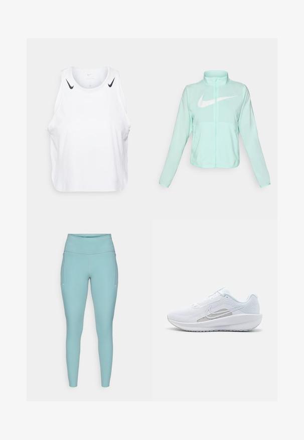 Mint green Nike jacket with a high collar, full zipper, long sleeves, and a prominent white swoosh logo on the chest. Lightweight fabric.; White sleeveless tank top made of lightweight fabric, featuring black Nike logo accents on shoulders, round neckline, and relaxed fit.; Light blue leggings made of stretchable material, featuring a high waistband, seamless design, and minimal white accents on the sides.; White athletic shoe with mesh upper, rounded toe, and textured sole. Features a silver Nike swoosh and minimalistic design.