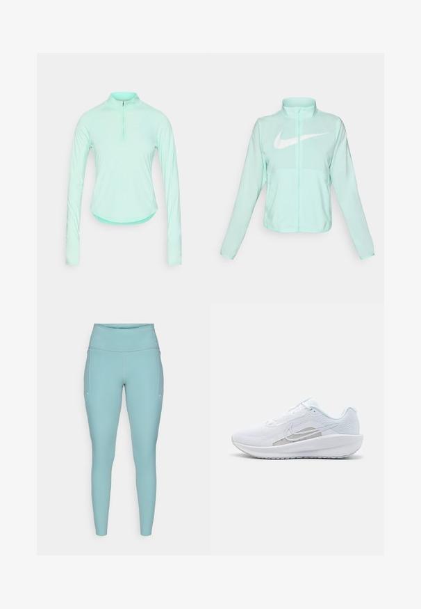 Veste Nike vert menthe avec un col haut, fermeture éclair complète, manches longues et un logo swoosh blanc bien visible sur la poitrine. Tissu léger.; T-shirt de sport à manches longues vert menthe avec un col zippé, doté d'un design ajusté et d'un tissu lisse et léger.; Leggings bleu clair en matière extensible, dotés d'une taille haute, d'un design sans couture et de légères accents blancs sur les côtés.; Baskets blanches avec une tige en mesh, bout rond et semelle texturée. Présentent un swoosh Nike argenté et un design minimaliste.