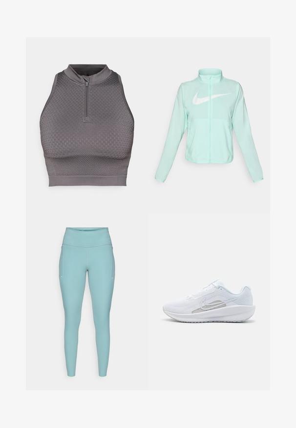 Mintgroene Nike-jas met een hoge kraag, volledige rits, lange mouwen en een opvallend wit swoosh-logo op de borst. Lichtgewicht stof.; Grijze sportieve crop top met een ritskraag, textuurpatroon, een aansluitend ontwerp en een gladde afwerking aan de zoom en armopeningen.; Lichtblauwe leggings gemaakt van rekbaar materiaal, met een hoge tailleband, een naadloos ontwerp en minimale witte accenten aan de zijkanten.; Witte sportieve schoen met een bovenwerk van mesh, ronde neus en een textuurzool. Beschikt over een zilveren Nike swoosh en een minimalistisch ontwerp.