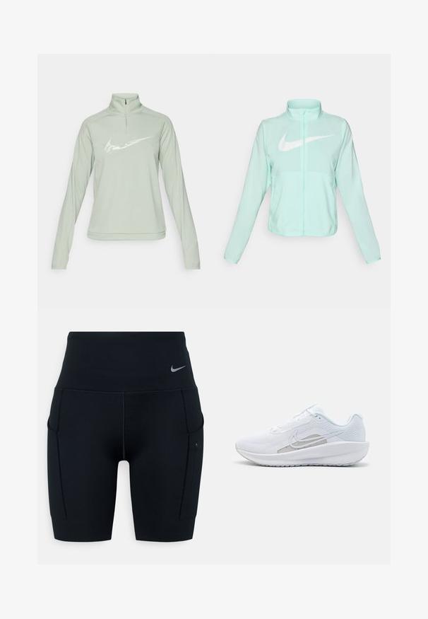 Giacca Nike verde menta con colletto alto, zipper completa, maniche lunghe e un grande logo swoosh bianco sul petto. Tessuto leggero.; Felpa Nike verde menta con colletto a mezza zip, maniche lunghe e un grande logo swoosh bianco sul davanti. Texture del tessuto liscia.; Shorts sportivi neri a vita alta realizzati in materiale elasticizzato; presentano tasche laterali e un piccolo logo Nike sulla vita.; Scarpa sportiva bianca con tomaia in rete, punta arrotondata e suola testurizzata. Presenta il logo Nike in argento e un design minimalista.