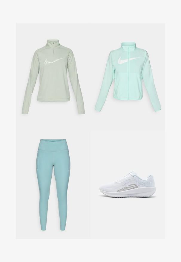 Mint green Nike jacket with a high collar, full zipper, long sleeves, and a prominent white swoosh logo on the chest. Lightweight fabric.; Mint green Nike sweatshirt with a half-zip collar, long sleeves, and a prominent white swoosh logo on the front. Smooth fabric texture.; Light blue leggings made of stretchable material, featuring a high waistband, seamless design, and minimal white accents on the sides.; White athletic shoe with mesh upper, rounded toe, and textured sole. Features a silver Nike swoosh and minimalistic design.