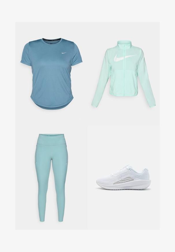 Jaka mint zelene Nike boje s visokim ovratnikom, punim patentnim zatvaračem, dugim rukavima i istaknutim bijelim Swoosh logom na prsima. Lagani materijal.; Nike majica za trčanje s kratkim rukavima u plavoj boji, s okruglim izrezom, glatkom teksturom i malim bijelim Nike logotipom na lijevoj strani prsnog koša.; Svijetloplave tajice izrađene od rastezljivog materijala, s visokim pojasom, bezšavnim dizajnom i minimalnim bijelim detaljima sa strane.; Bijela atletska cipela s mrežastom gornjom površinom, zaobljenim nožnim prstom i teksturiranim potplatom. Sadrži srebrni Nike swoosh i minimalistički dizajn.