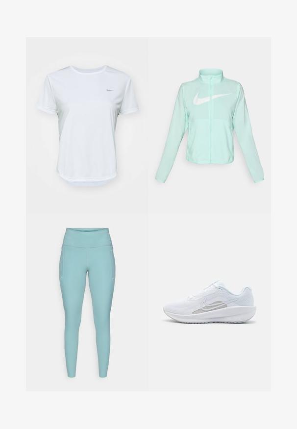 Minttu vihreä Nike-takki, jossa on korkea kaulus, täysi vetoketju, pitkät hihat ja suuri valkoinen swoosh-logo rinnassa. Kevyt kangas.; Valkoinen lyhythihainen urheilupaita, jossa on pyöreä kaula-aukko ja hienovarainen harmaa Nike-logo vasemmassa rintakehässä. Sujuva, hengittävä kangas.; Vaaleansiniset legginsit, jotka on valmistettu joustavasta materiaalista. Ne sisältävät korkean vyötärön, saumattoman muotoilun ja minimaalista valkoista yksityiskohtaa sivuilla.; Valkoinen urheilujalkine, jossa on verkkomateriaali ylhäällä, pyöreä varvas ja teksturoitu pohja. Varustettu hopeisella Nike-ikkunalla ja minimalistisella muotoilulla.