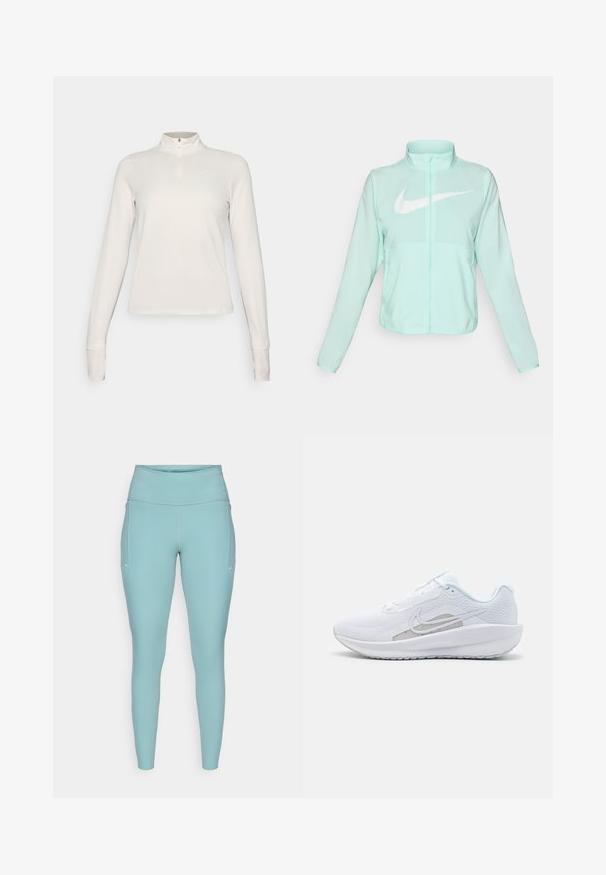 Jaka mint zelene Nike boje s visokim ovratnikom, punim patentnim zatvaračem, dugim rukavima i istaknutim bijelim Swoosh logom na prsima. Lagani materijal.; Majica s dugim rukavima i zatvaračem na vratu u svijetlo bež boji. Glatka, teksturirana tkanina s uskim krojem. Ima mali logo na lijevoj strani prsiju.; Svijetloplave tajice izrađene od rastezljivog materijala, s visokim pojasom, bezšavnim dizajnom i minimalnim bijelim detaljima sa strane.; Bijela atletska cipela s mrežastom gornjom površinom, zaobljenim nožnim prstom i teksturiranim potplatom. Sadrži srebrni Nike swoosh i minimalistički dizajn.