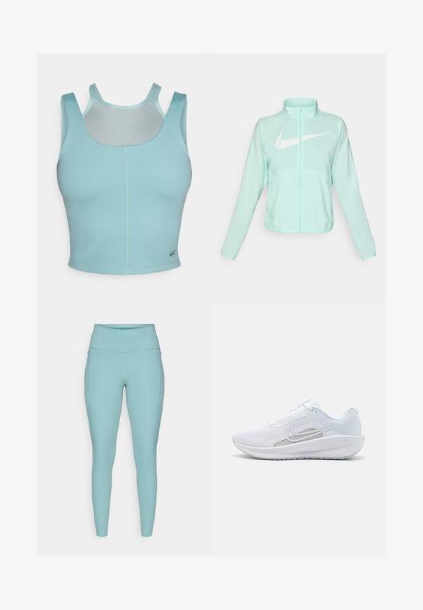 Mint green Nike jacket with a high collar, full zipper, long sleeves, and a prominent white swoosh logo on the chest. Lightweight fabric.; Light blue athletic crop top with a rounded neckline, wide straps, and a mesh panel at the back; features a small logo at the hem.; Light blue leggings made of stretchable material, featuring a high waistband, seamless design, and minimal white accents on the sides.; White athletic shoe with mesh upper, rounded toe, and textured sole. Features a silver Nike swoosh and minimalistic design.