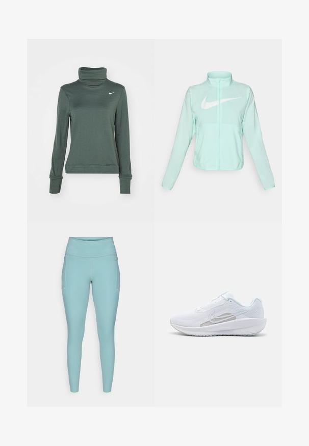 Mintgroene Nike-jas met een hoge kraag, volledige rits, lange mouwen en een opvallend wit swoosh-logo op de borst. Lichtgewicht stof.; Nike Performance THERMA-FIT SWIFT - Longsleeve - vintage green/silver; Lichtblauwe leggings gemaakt van rekbaar materiaal, met een hoge tailleband, een naadloos ontwerp en minimale witte accenten aan de zijkanten.; Witte sportieve schoen met een bovenwerk van mesh, ronde neus en een textuurzool. Beschikt over een zilveren Nike swoosh en een minimalistisch ontwerp.