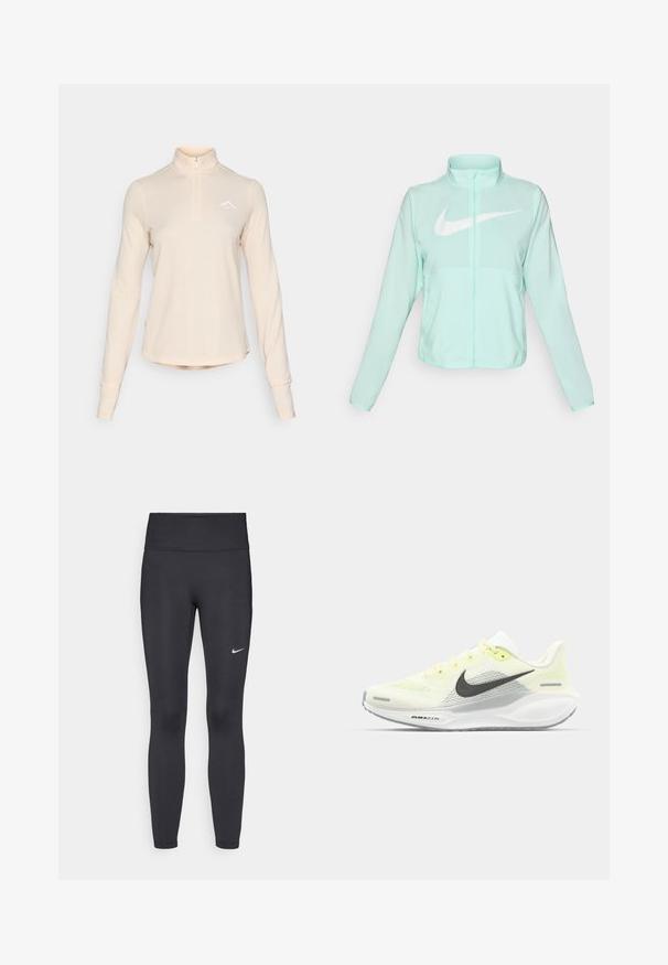 Mintgroene Nike-jas met een hoge kraag, volledige rits, lange mouwen en een opvallend wit swoosh-logo op de borst. Lichtgewicht stof.; Lichtbeige long-sleeve top met kwart-ritssluiting, gemaakt van gestructureerde stof, met een klein wit logo op de borst en aansluitende manchetten.; Zwarte legging van rekbare stof met een hoge tailleband en een wit Nike-logo op de linkerdij. Gladde textuur, aansluitend ontwerp.; Nike hardloopschoenen met een lichtgele en witte mesh bovenkant, grijze accenten en een flexibele rubberen zool. Voorzien van een vetersluiting.