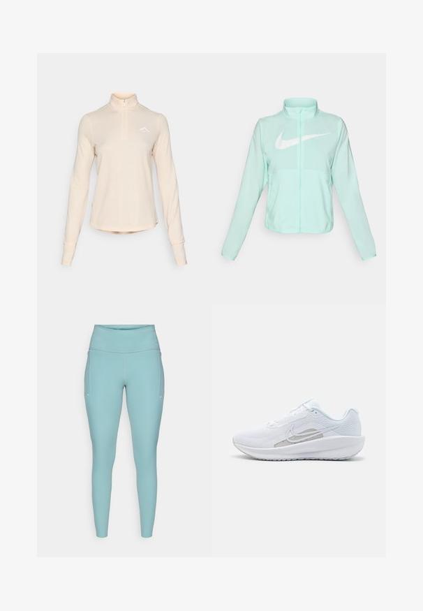 Mint green Nike jacket with a high collar, full zipper, long sleeves, and a prominent white swoosh logo on the chest. Lightweight fabric.; Light beige long-sleeve quarter-zip top made of textured fabric, featuring a small white logo on the chest and fitted cuffs.; Light blue leggings made of stretchable material, featuring a high waistband, seamless design, and minimal white accents on the sides.; White athletic shoe with mesh upper, rounded toe, and textured sole. Features a silver Nike swoosh and minimalistic design.