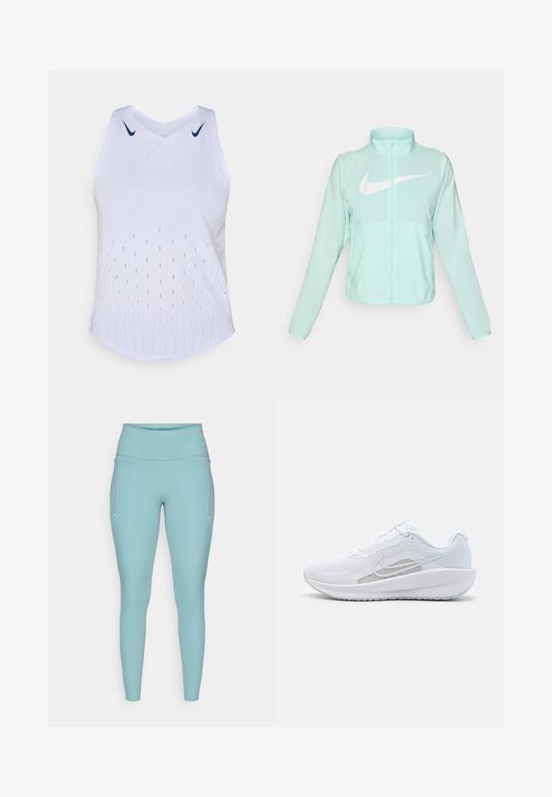 Veste Nike vert menthe avec un col haut, fermeture éclair complète, manches longues et un logo swoosh blanc bien visible sur la poitrine. Tissu léger.; Débardeur de sport blanc avec un col en V, présentant des logos Nike bleus et des motifs en points texturés à l'avant. Design à ourlet arrondi.; Leggings bleu clair en matière extensible, dotés d'une taille haute, d'un design sans couture et de légères accents blancs sur les côtés.; Baskets blanches avec une tige en mesh, bout rond et semelle texturée. Présentent un swoosh Nike argenté et un design minimaliste.