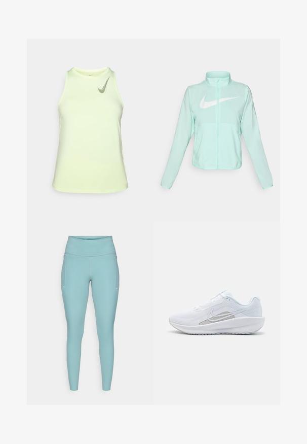 Mintgroene Nike-jas met een hoge kraag, volledige rits, lange mouwen en een opvallend wit swoosh-logo op de borst. Lichtgewicht stof.; Lichtgele sporttanktop met een ronde hals, mouwloos ontwerp en een klein grijs Nike-logo aan de bovenkant aan de linkerkant.; Lichtblauwe leggings gemaakt van rekbaar materiaal, met een hoge tailleband, een naadloos ontwerp en minimale witte accenten aan de zijkanten.; Witte sportieve schoen met een bovenwerk van mesh, ronde neus en een textuurzool. Beschikt over een zilveren Nike swoosh en een minimalistisch ontwerp.