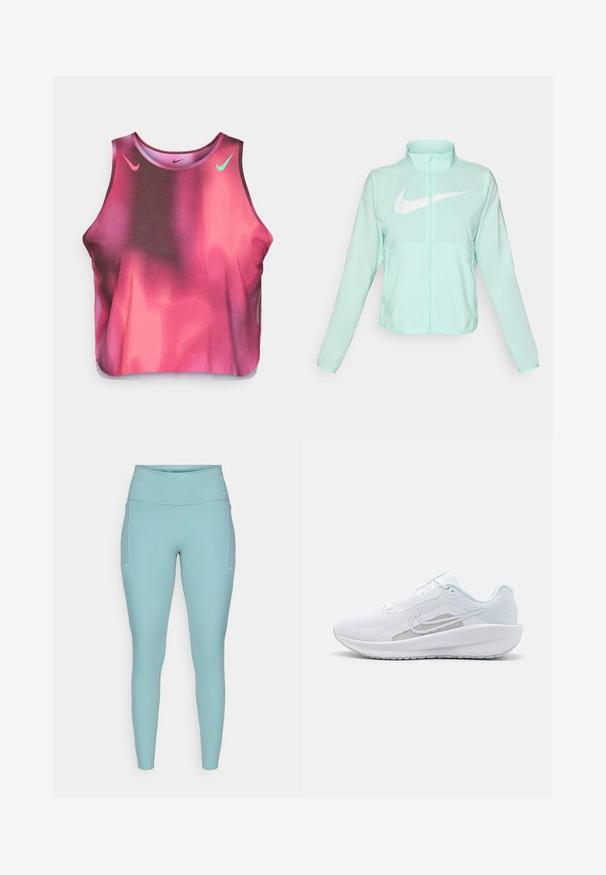 Mentazöld Nike dzseki magas gallérral, teljes cipzárral, hosszú ujjakra és egy kiemelkedő fehér swoosh logóra a mellkason. Könnyű szövet.; Sötétkék és rózsaszín gradiens crop top rugalmas anyagból. Pink és zöld Nike logókkal, kerek nyakkivágással és ujjatlan kialakítással.; Világoskék leggings rugalmas anyagból, magas derékkal, varrás nélküli kivitelben, minimális fehér díszítéssel az oldalán.; Fehér sportcipő hálós felsőrésze, kerek orra és textúrált talpa van. Ezüst Nike logóval és minimalista dizájnnal rendelkezik.