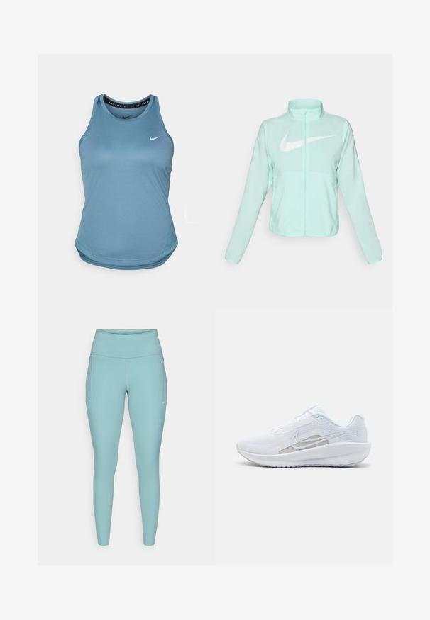 Mätovozelená Nike bunda s vysokým golierom, plným zipsom, dlhými rukávmi a výrazným bielym logom swoosh na hrudi. Ľahký materiál.; Svetlo modrý bežecký top Nike s okrúhlym výstrihom, bezrukávový dizajn a zakrivený spodný lem. Na hrudi sa nachádza malé biele logo Nike.; Svetlomodré legíny vyrobené z elastického materiálu, s vysokým pásom, bezšvovým dizajnom a minimálnymi bielymi akcentmi po stranách.; Biele atletické topánky s priedušným zvrškom, okrúhlym prstom a štruktúrovanou podrážkou. Obsahuje strieborný Nike swoosh a minimalistický dizajn.