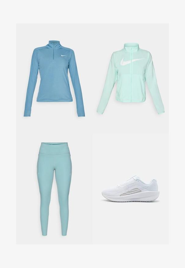Minttu vihreä Nike-takki, jossa on korkea kaulus, täysi vetoketju, pitkät hihat ja suuri valkoinen swoosh-logo rinnassa. Kevyt kangas.; Vaaleansininen pitkähihainen urheiluyläosa, jossa on korkea kaulus ja neljänneksen vetoketju. Sisältää pienen valkoisen logon vasemmassa rintaosassa.; Vaaleansiniset legginsit, jotka on valmistettu joustavasta materiaalista. Ne sisältävät korkean vyötärön, saumattoman muotoilun ja minimaalista valkoista yksityiskohtaa sivuilla.; Valkoinen urheilujalkine, jossa on verkkomateriaali ylhäällä, pyöreä varvas ja teksturoitu pohja. Varustettu hopeisella Nike-ikkunalla ja minimalistisella muotoilulla.