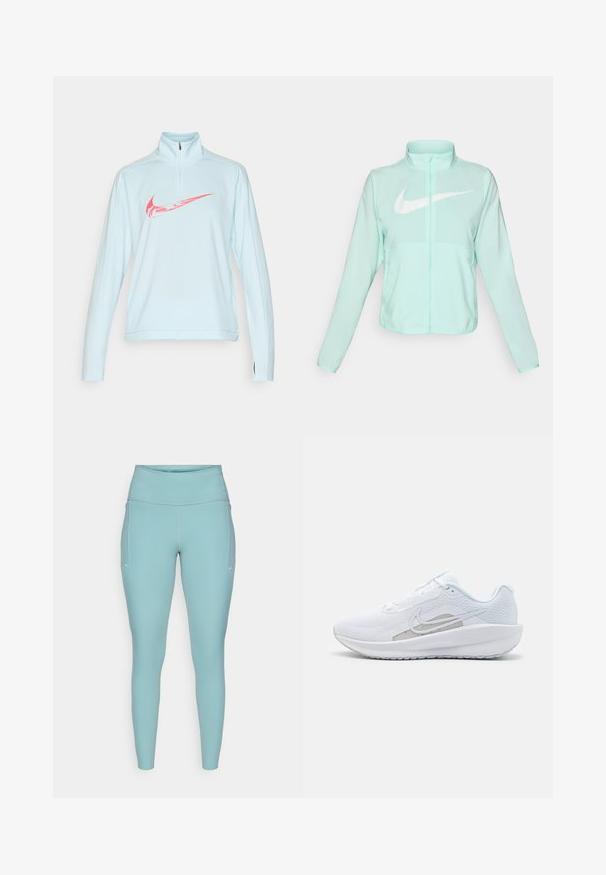 Mint green Nike jacket with a high collar, full zipper, long sleeves, and a prominent white swoosh logo on the chest. Lightweight fabric.; Nike Performance Long sleeved top - glacier blue/aster pink; Light blue leggings made of stretchable material, featuring a high waistband, seamless design, and minimal white accents on the sides.; White athletic shoe with mesh upper, rounded toe, and textured sole. Features a silver Nike swoosh and minimalistic design.
