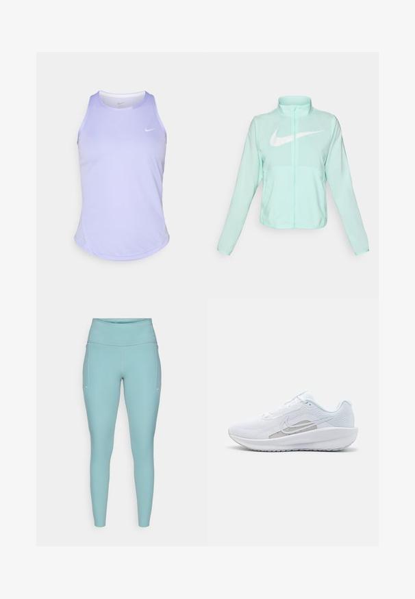 Giacca Nike verde menta con colletto alto, zipper completa, maniche lunghe e un grande logo swoosh bianco sul petto. Tessuto leggero.; Top sportivo di colore viola chiaro con scollatura rotonda e inserti in rete ai lati. Presenta un piccolo logo Nike bianco sul davanti.; Leggings azzurri chiari realizzati in materiale elasticizzato, caratterizzati da un'alta vita, design senza cuciture e minimi accenti bianchi sui lati.; Scarpa sportiva bianca con tomaia in rete, punta arrotondata e suola testurizzata. Presenta il logo Nike in argento e un design minimalista.